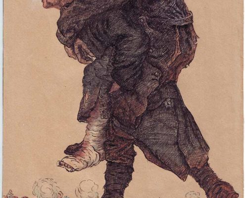 Soldat portant un autre, par A.Sommerard. Dessin au crayon – France. Don de M. André Delville. Dessin exposé au 1er étage du Mémorial de Verdun